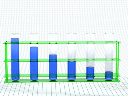 Scientific concept of a row of test tubes with blue liquids, chemical usages trending downwardの写真素材