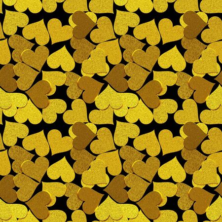 Seamless pattern of brushed and golden hearts on a black backgroundの写真素材