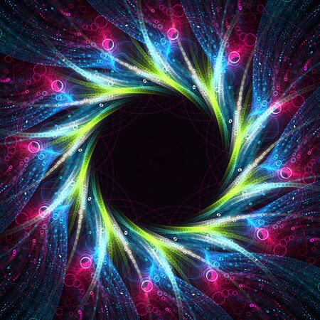 Spiral of green, blue and pink colored thin circles on a black backgroundの写真素材