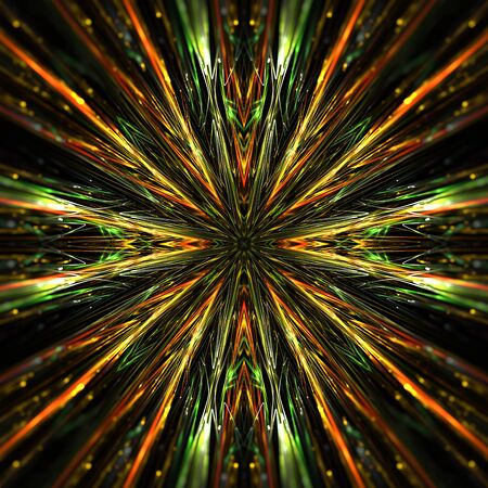 Symmetrical explosion of futuristic tribal patterns, green, yellow and orange coloredの写真素材