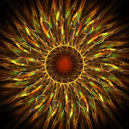 Background of a spiritual flower, made with a spiral of abstract forms, golden, brown and green colors with depth of fieldの写真素材