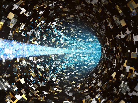 Futuristic computer transmission inside a virtual network, made of small colored squared cells and moving particlesの写真素材
