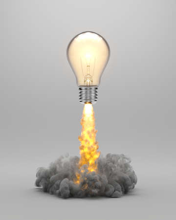 Lift off of a light bulb like a rocket, abstract illustration of the release of a brilliant ideaの写真素材