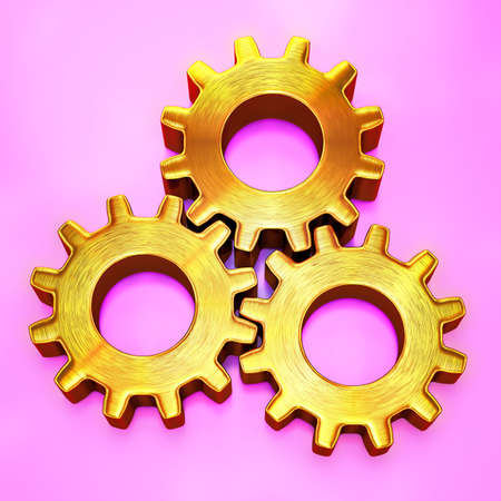 Three golden gear wheels on pink backgroundの写真素材