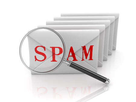 Spam Concept with Envelope and Magnify Glass , This is a 3d Rendered Computer Generated Image. Isolated on White.の写真素材