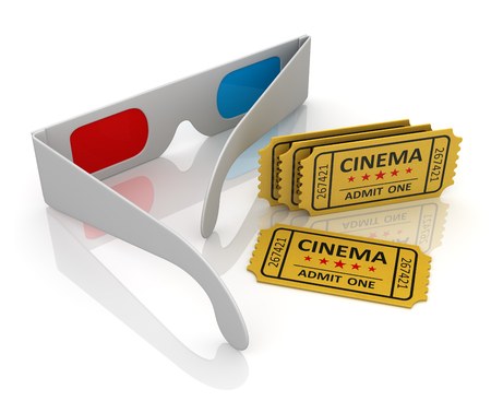 3d Glasses and Cinema Ticket , This is a 3d Rendered Computer Generated Image. Isolated on White.の写真素材