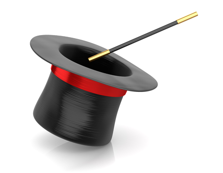 Magician Hat and Wand , This is a 3d rendered computer generated image. Isolated on white.の写真素材