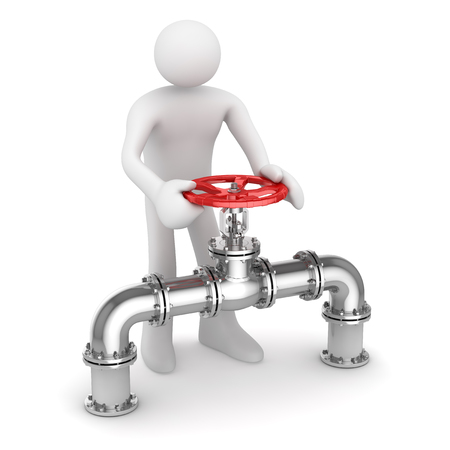 White Man Operating an Oil Valve , This is a 3d rendered computer generated image. Isolated on white.の写真素材