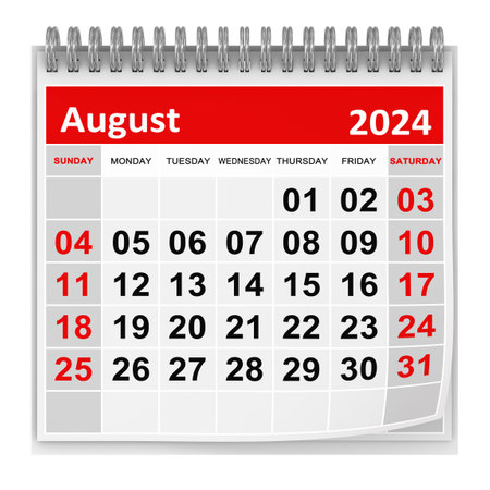 Calendar - August 2024, This is a 3d rendered computer generated image. Isolated on white.の写真素材
