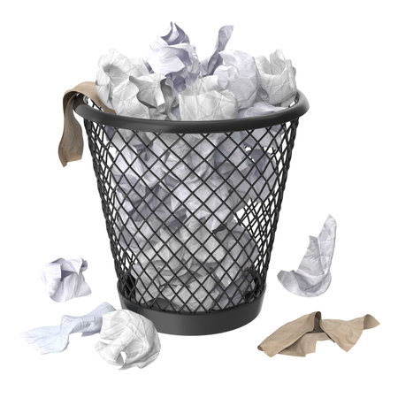 Trash Can and Papers, This is a 3d rendered computer generated image. Isolated on white.の写真素材