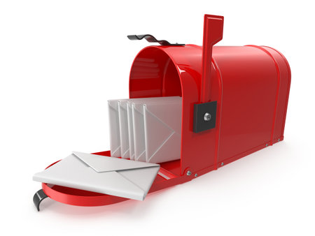 Red mailbox filled with letters and mail open with white envelopes isolated