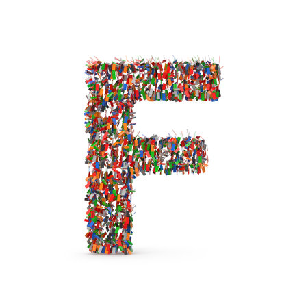 Multicolored 3D Letter F composed of diverse small objectsの写真素材