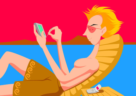 Man sitting on lounge chair using palmtopのイラスト素材