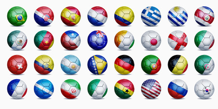 Football national team flags on soccer ballsの写真素材