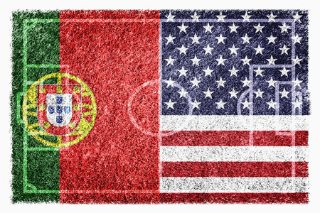 Flags of Portugal and United States Of America on soccer fieldの写真素材