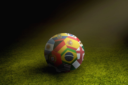 World flags soccer ball on a playing fieldの写真素材