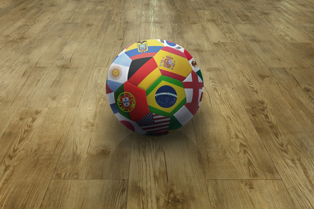 World flags soccer ball on parquet floorの写真素材
