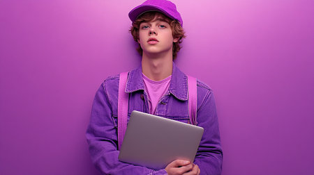 Portrait of a young woman with a laptop on a purple background.の素材