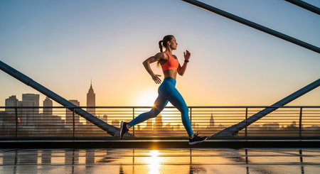 Runner athlete running on city bridge. woman fitness jogging workout wellness concept.の素材