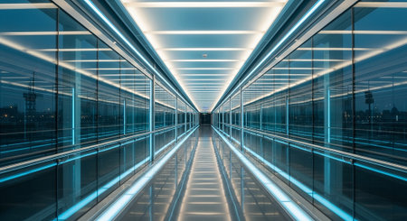 3D rendering of a corridor in an office building with blue lightsの素材