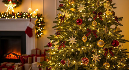Christmas tree with gifts and fireplace in the background, close-upの素材