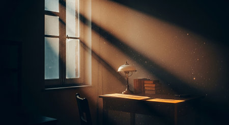 The sun shines through the window in the room. 3d renderingの素材