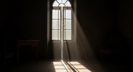 Silhouette of a window in a dark room with sunbeamsの素材