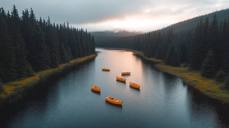 Aerial view of two kayaks on the lake in the mountainsの素材