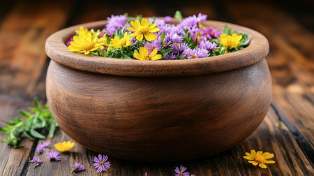Bowl with beautiful wildflowers on wooden table, closeupの素材