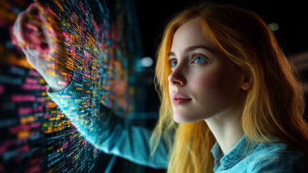 Portrait of a beautiful red-haired girl in a blue shirt. The girl is looking at the monitor with a binary code.の素材