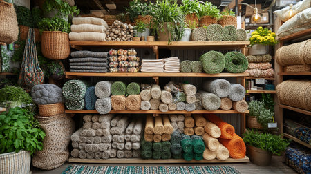 Rolls of knitted fabric in a store. Cozy home decor.の素材