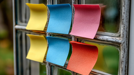 Colorful sticky notes attached to the glass door of a house.の素材