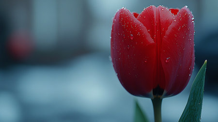 Beautiful red tulip with drops of water on the petalsの素材