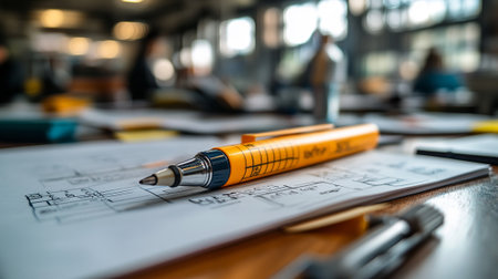 Architectural blueprints with pen on table in office, stock photoの素材
