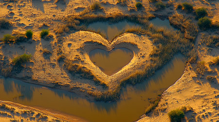 Heart-shaped sand in the desert at sunset. 3d renderの素材