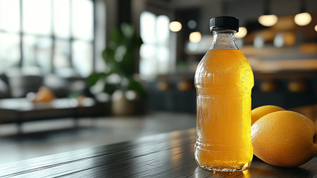 Bottle of tasty orange juice on table in cafe. Space for textの素材