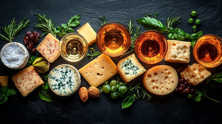 Cheese composition. Assortment of cheese and wine glasses on black backgroundの素材
