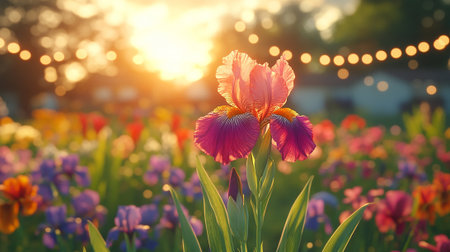 Beautiful iris flowers in the garden at sunset. Soft focus.の素材