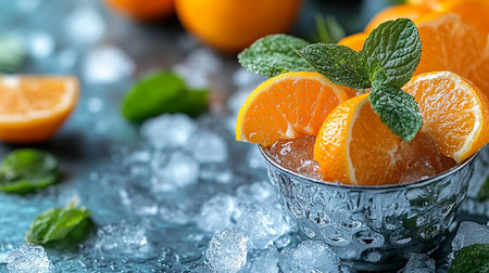 Fresh tangerines with mint leaves and ice cubes on blue backgroundの素材