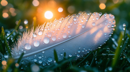 Beautiful feather with morning dew on the grass. Soft focus.の素材