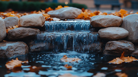 Small waterfall in a city park among autumn leaves. Selective focus.の素材