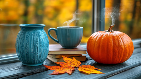 Autumn still life with pumpkins, books and cup of coffeeの素材