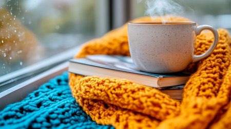 Cup of coffee, book and knitted blanket on the windowsillの素材