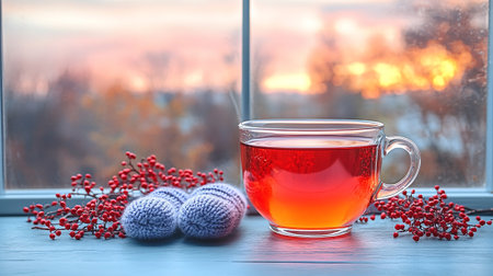 Cup of tea on the windowsill against the background of a winter landscapeの素材