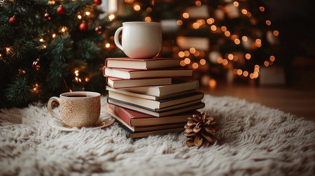 Pile of books and cup of coffee on background of Christmas treeの素材