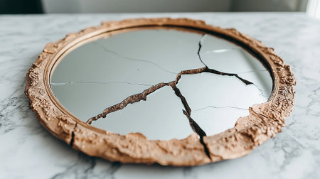 Broken mirror on white marble background. Broken mirror with cracks.の素材