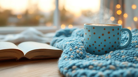 Cup of coffee with book on windowsill at home. Cozy atmosphereの素材