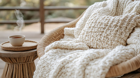 Cup of hot tea and knitted plaid on wooden chair, closeupの素材