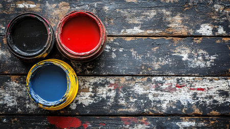 Paint cans on a wooden background. Top view. Copy space.の素材