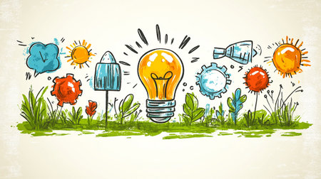 Hand drawn vector illustration of light bulb, sun, flowers, grass, clouds and other elements.の素材